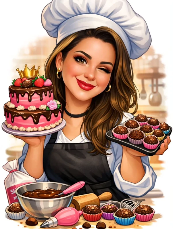 Ilustração da sócia da B&B Cakes com bolo e doces